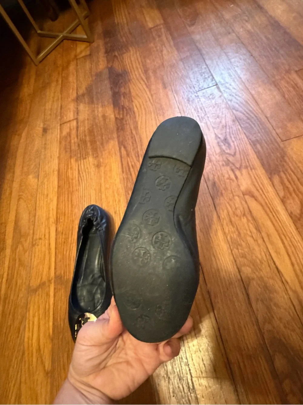 Tory Burch Reva Ballet Flats — Black Leather, Gold Logo — Size 7.5